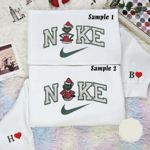 Grinch And Mrs Grinch Arms Akimbo Christmas Embroidered Couples Shirts