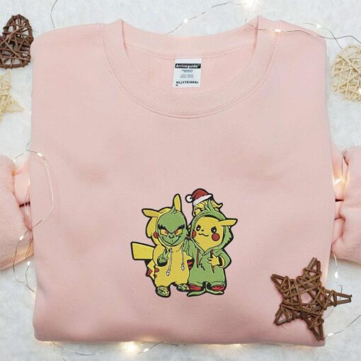 Grinch And Pikachu Embroidered Sweatshirt Pokemon Anime Embroidered Hoodie Best Christmas Gift Ideas