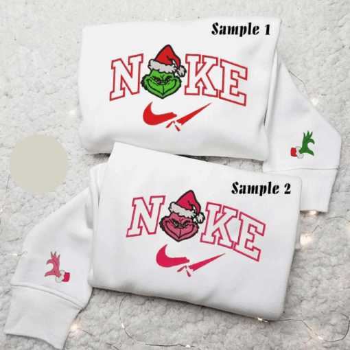 Grinch And Pink Grinch x Nike Couple Embroidered Shirt Christmas Embroidered Hoodie Nike Inspired Embroidered Sweatshirt