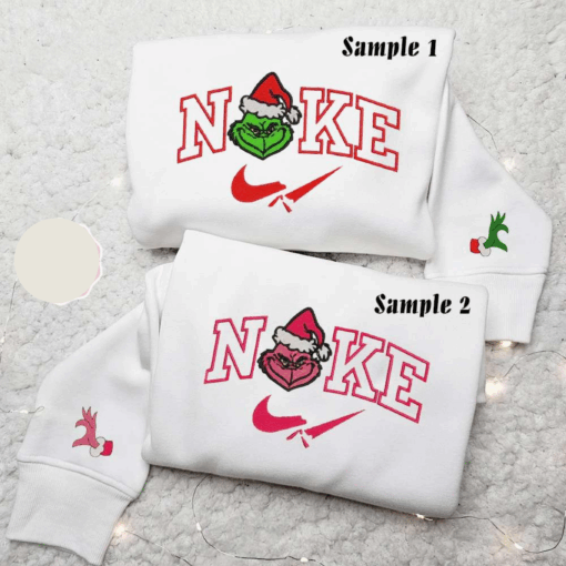 Grinch And Pink Grinch X Nike Couple Embroidered Shirt Christmas Embroidered Hoodie Nike Inspired Embroidered Sweatshirt
