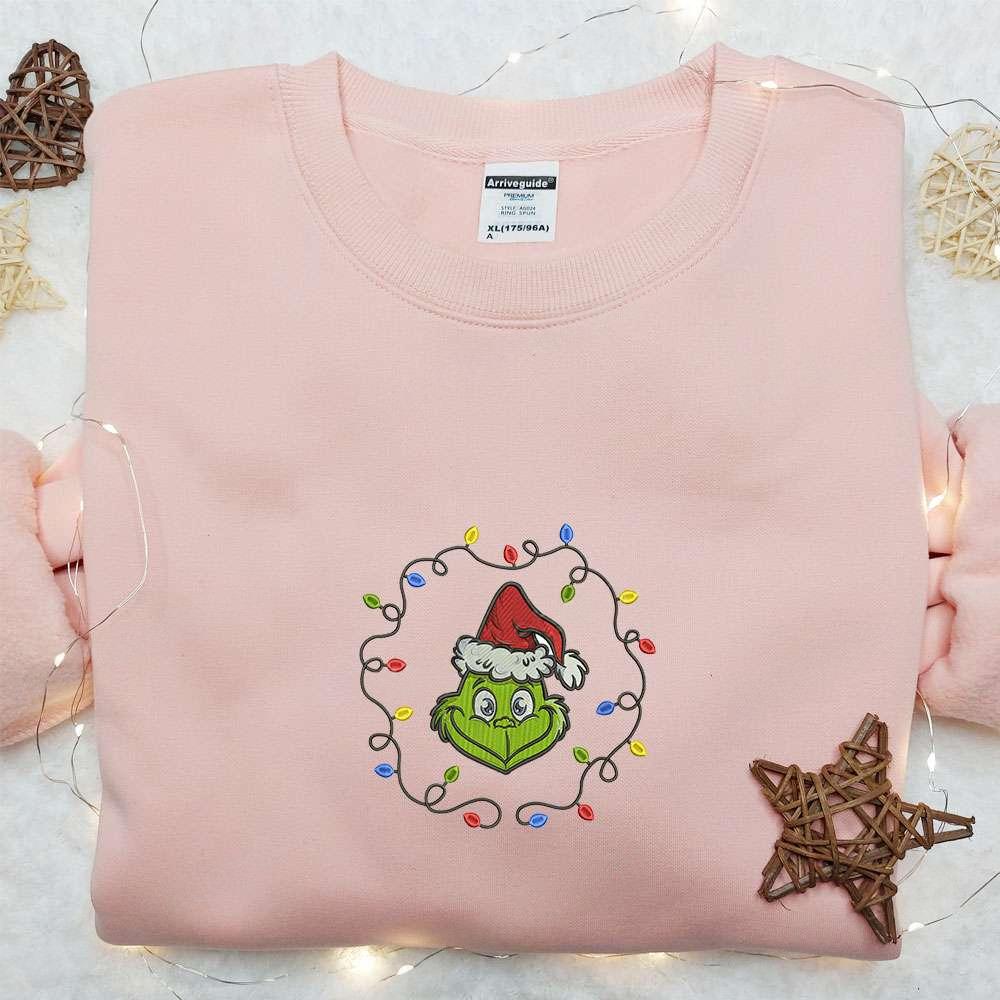 Grinch Christmas Lights Embroidered Hoodie Christmas Embroidered T shirt Best Christmas Gift Ideas For Family