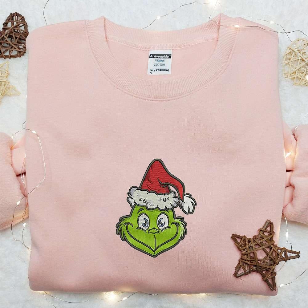 Grinch Cute Face Santa Hat Embroidered Hoodie Christmas Embroidered Hoodie Best Christmas Gift Ideas For Family