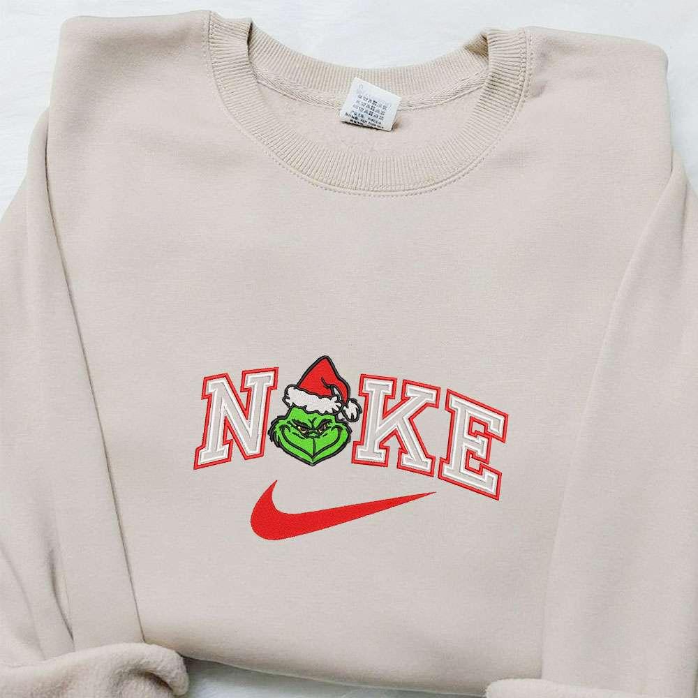 Grinch Face Santa Hat x Nike Embroidered Shirt Christmas Embroidered Hoodie Nike Inspired Embroidered Sweatshirt