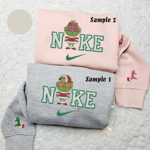 Grinch Girl And Grinch Boy x Nike Couple Embroidered Shirt Christmas Embroidered Hoodie Nike Inspired Embroidered Sweatshirt