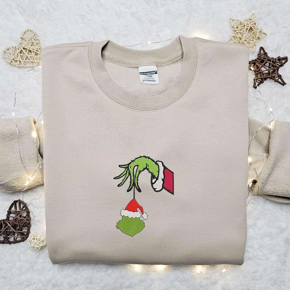 Grinch Hand Merry Christmas Embroidered Hoodie Christmas Embroidered T Shirt Best Christmas Gift Ideas