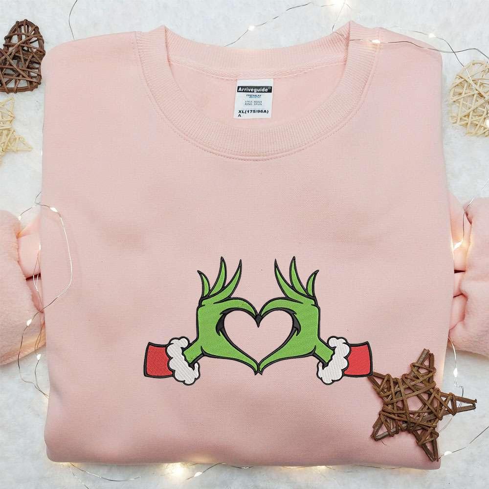 Grinch Hands Heart Sign Embroidered Shirt Christmas Embroidered Hoodie Best Gifts For Family