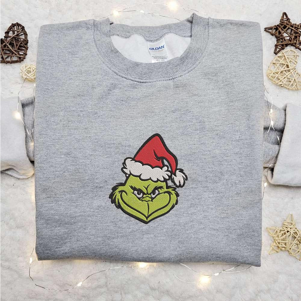 Grinch Head Santa Embroidered Hoodie Christmas Embroidered Sweatshirt Best Christmas Gift Ideas