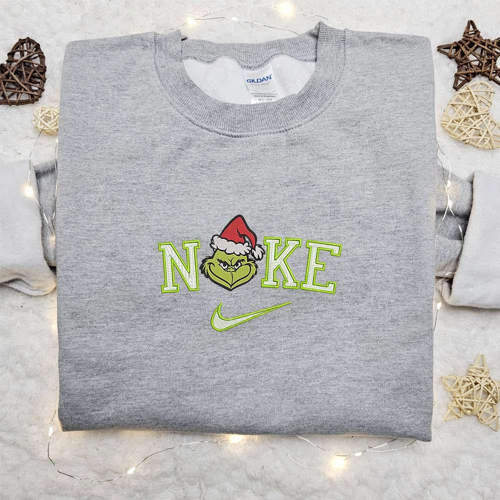 Grinch Head Santa X Nike Christmas Embroidered Sweatshirt Movie Christmas Embroidered Shirt Best Christmas Gift Ideas