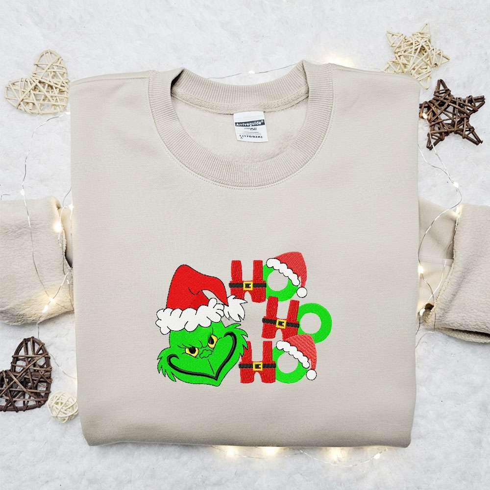 Grinch Ho Ho Ho Face Embroidered Hoodie Christmas Embroidered T Shirt Best Christmas Gift Ideas