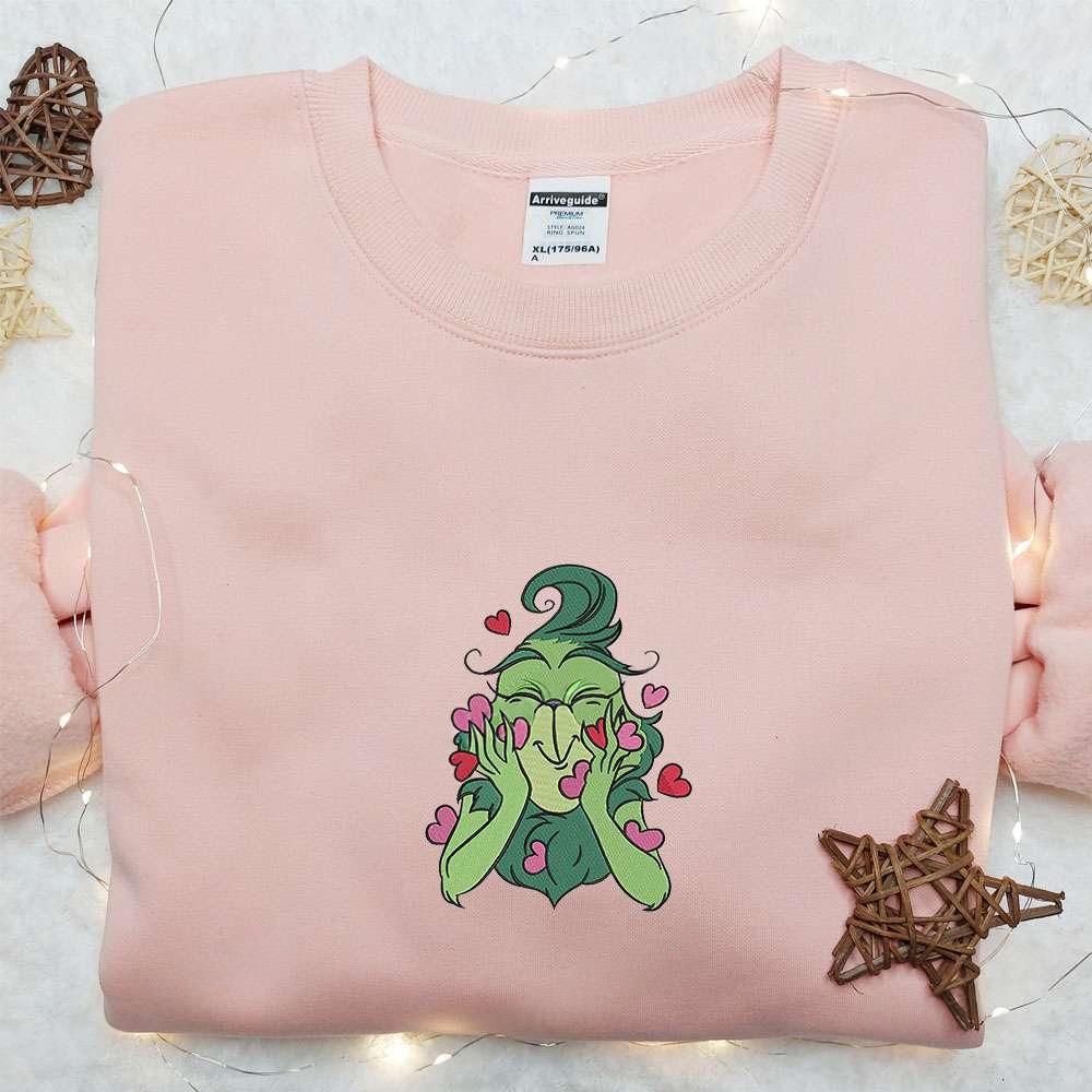 Grinch Love Hearts Christmas Embroidered Shirt Valentines Day Embroidered Hoodie Christmas Embroidered Shirt