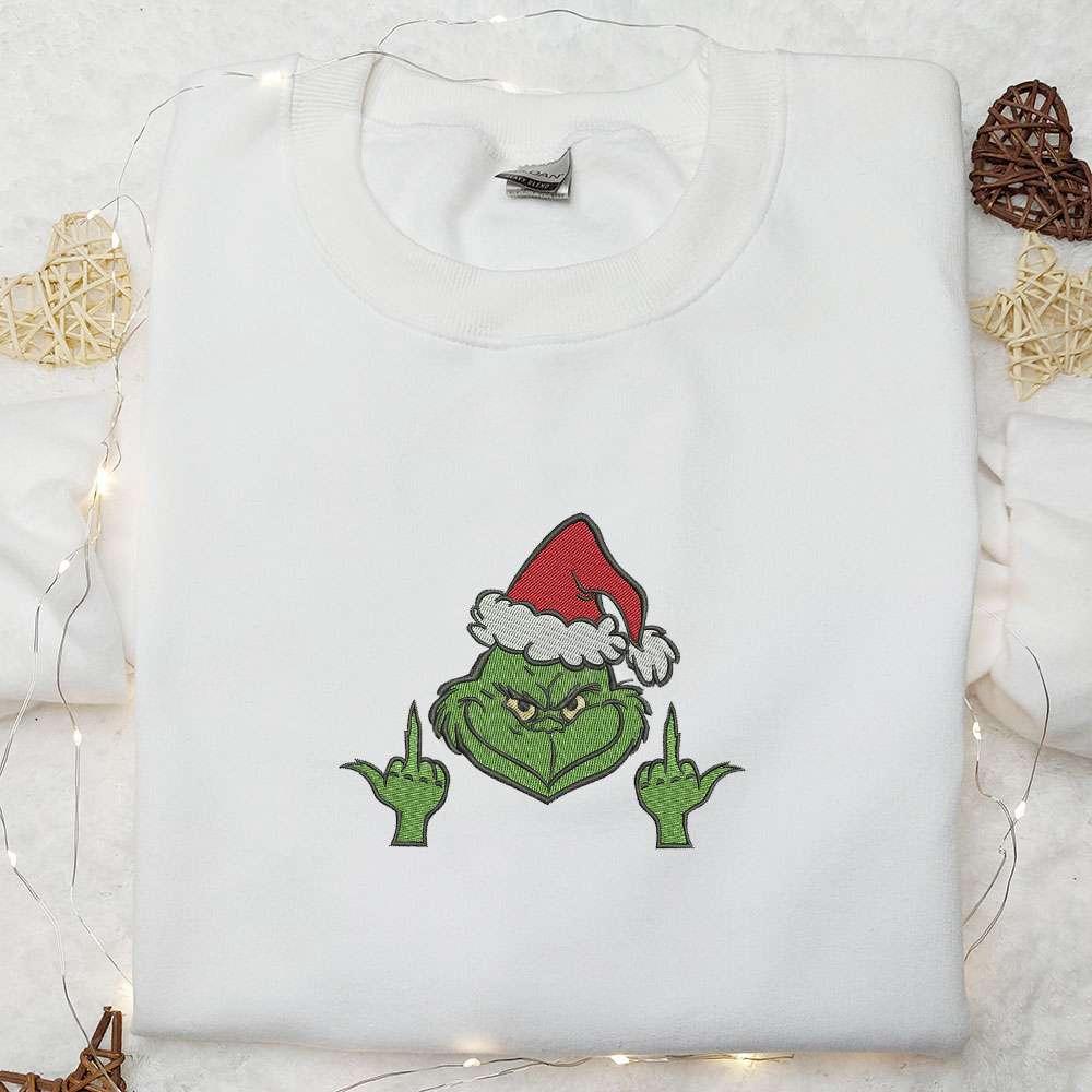 Grinch Middle Finger Embroidered Hoodie Movie Christmas Embroidered Hoodie Best Christmas Gift Ideas