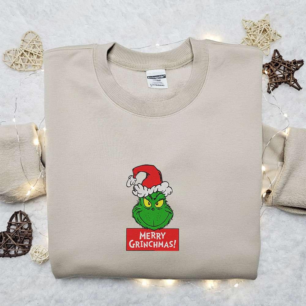 Grinch Santa Merry Grinchmas Embroidered Hoodie Christmas Embroidered T Shirt Best Christmas Gift For Family