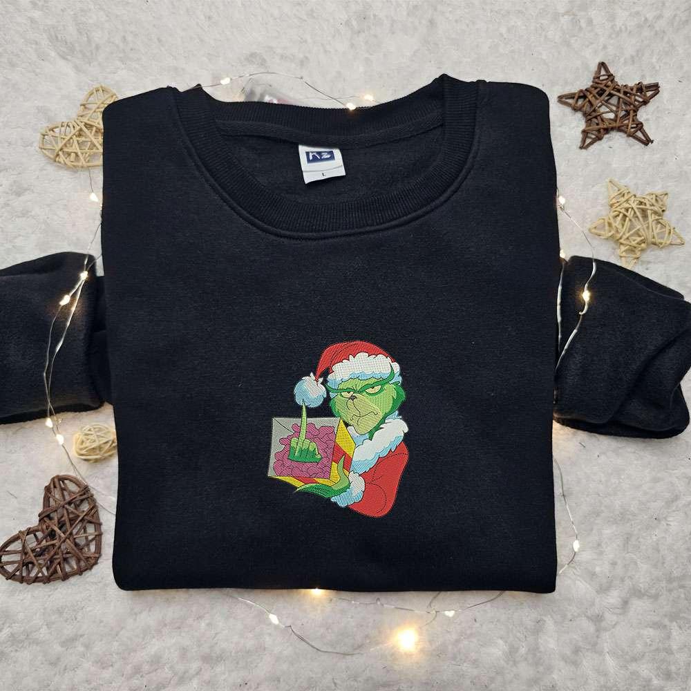 Grinch Santa Middle Finger Embroidered T Shirt Christmas Embroidered Shirt Best Christmas Gift Ideas