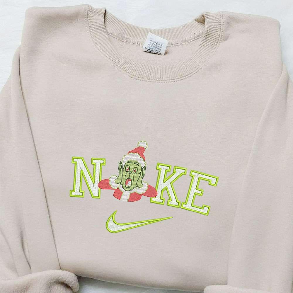 Grinch Santa Shocked X Nike Christmas Embroidered Sweatshirt Movie Christmas Embroidered Shirt Best Christmas Gift Ideas