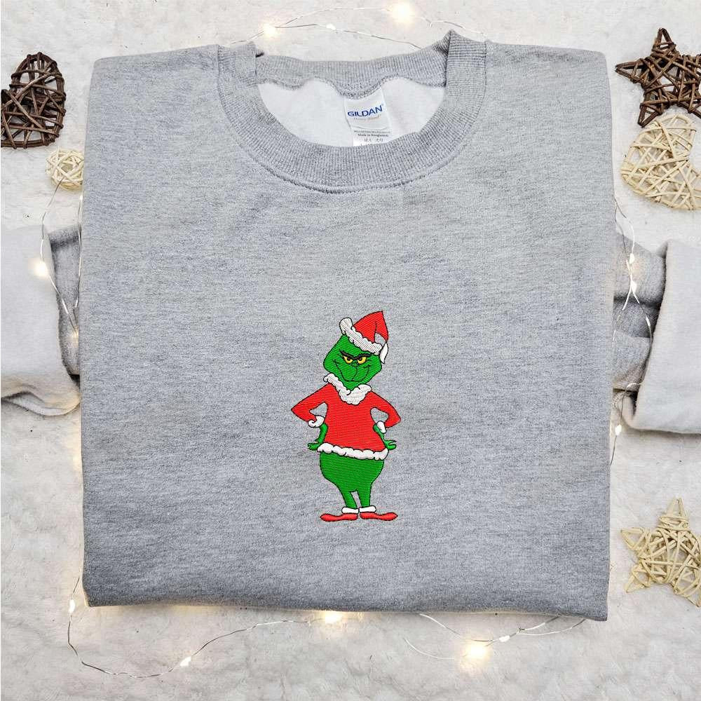 Grinch Santa Stand Embroidered Hoodie Christmas Embroidered Hoodie Best Christmas Gift Ideas