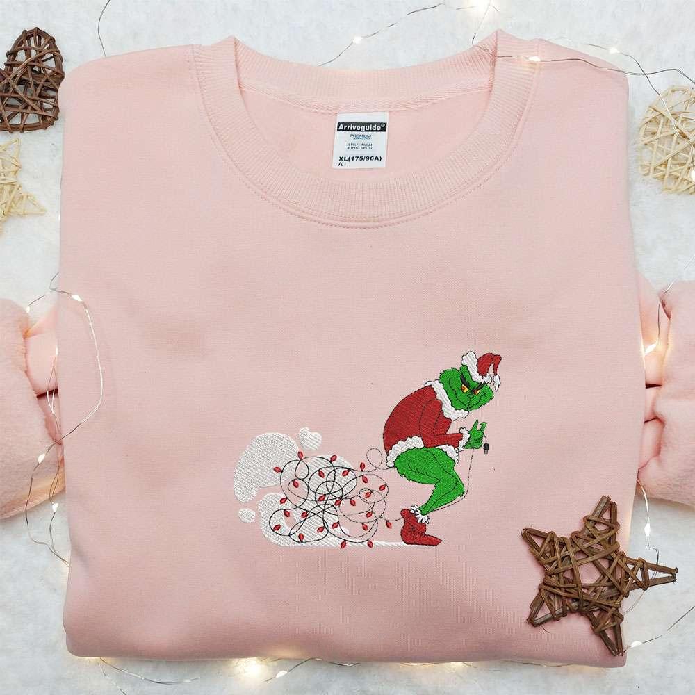 Grinch Stealing Lights Embroidered T Shirt Funny Christmas Embroidered T Shirt Best Christmas Gift Ideas