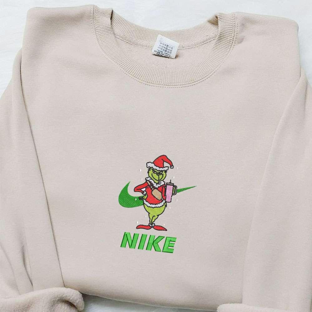 Grinch With Pink Coffee Cup X Nike Embroidered Shirt Christmas Embroidered Sweatshirt Best Gifts For Family