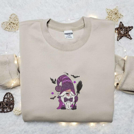 Halloween Gnome With Broom Embroidered Sweatshirt Halloween Embroidered T shirt Best Halloween Gift Ideas