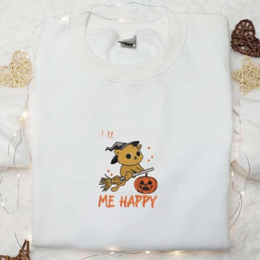 Halloween Makes Me Happy Witch Cat Embroidered Shirt Cute Halloween Embroidered Shirt Best Halloween Shirt Ideas