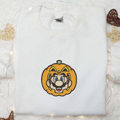Halloween Mario Pumpkin Embroiderd Shirt Funny Halloween Embroidered Sweatshirt Cute Halloween Hoodie