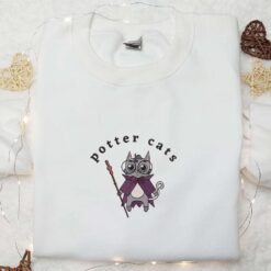 Halloween Potter Cats Embroidered Shirt Adorable Halloween Embroidered Shirt Halloween Cat Embroidered Shirt