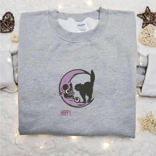 Happy Halloween Black Cat Moon Embroidered Sweatshirt Halloween Embroidered Hoodie Best Halloween Gift Ideas
