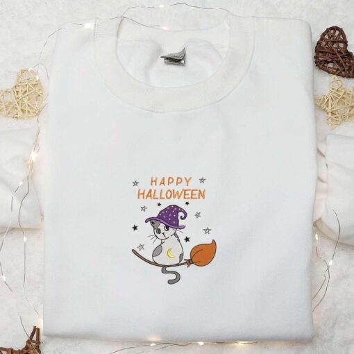 Happy Halloween Witch Kitten Cat Embroidered Shirt Halloween Cat Embroidered Shirt Adorable Halloween Embroidered Shirt