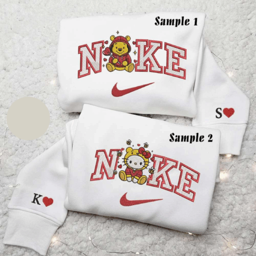 Hello Kitty And Pooh x Nike Embroidered Couple Shirt Cartoon Embroidered Shirt Nike Inspired Embroidered Hoodie