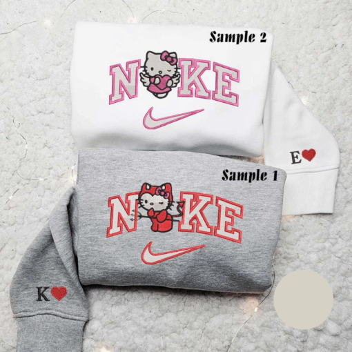 Hello Kitty Angel And Devil x Nike Embroidered Couple Shirt Cartoon Embroidered Shirt Nike Inspired Embroidered Hoodie