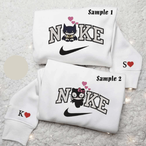Hello Kitty Batman And Catwoman x Nike Embroidered Couple Shirt Cartoon Embroidered Shirt Nike Inspired Embroidered Hoodie