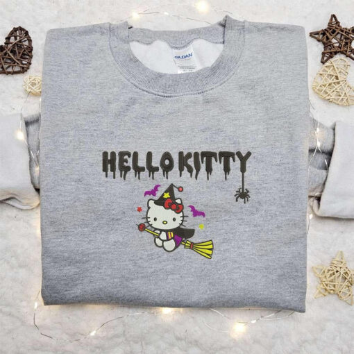 Hello Kitty Witch Embroidered Shirt Adorable Halloween Embroidered Shirt Happy Halloween Embroidered Sweatshirt