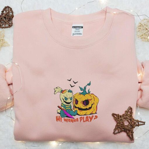 Hi Wanna Play Pumpkin Embroidered Shirt Halloween Embroidered Hoodie Best Halloween Gift Ideas