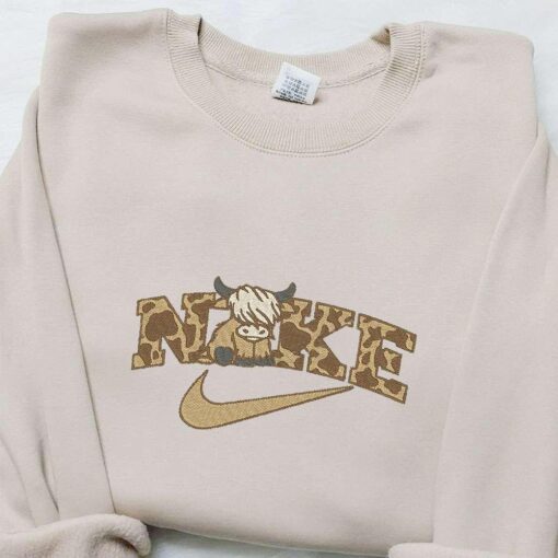 Highland Cattle x Nike Animal Embroidered Shirt Nike Inspired Embroidered Shirt Best Gift for Family