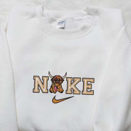 Highland Cow With Pink Thermocup x Nike Embroidered Shirt Animal Embroidered Hoodie Best Gift Idea