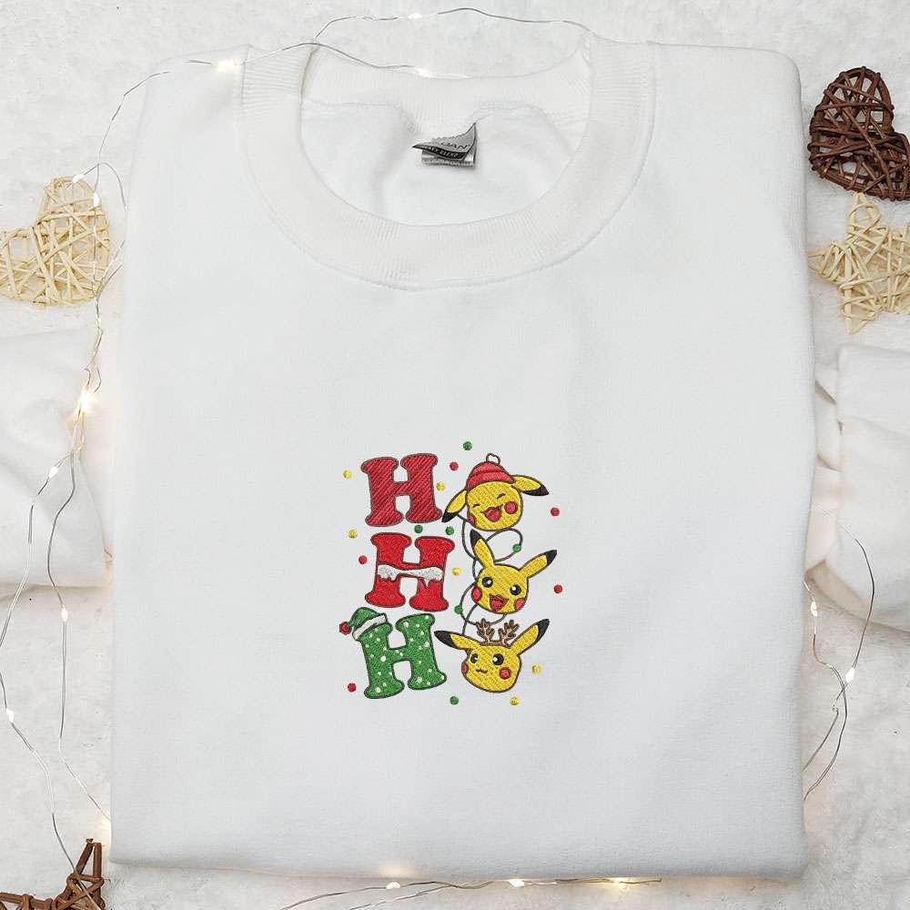 Ho Ho Ho Pikachu Christmas Embroidered Hoodie Pokemon Anime Embroidered Sweatshirt Best Christmas Gifts for Family