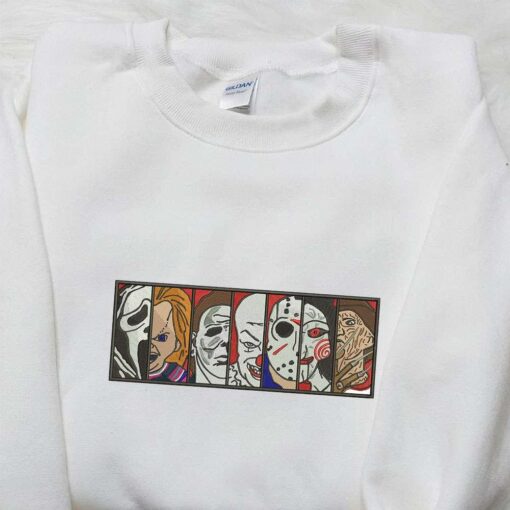 Horror Film Box Embroidered Sweatshirt Horror Characters Embroidered Hoodie Halloween Embroidered Shirt