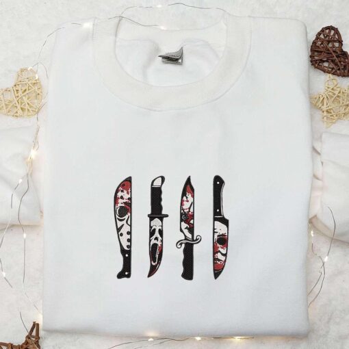 Horror Friends In Kinfe Embroidered Sweatshirt Horror Characters Embroidered Shirt Halloween Embroidered Shirt