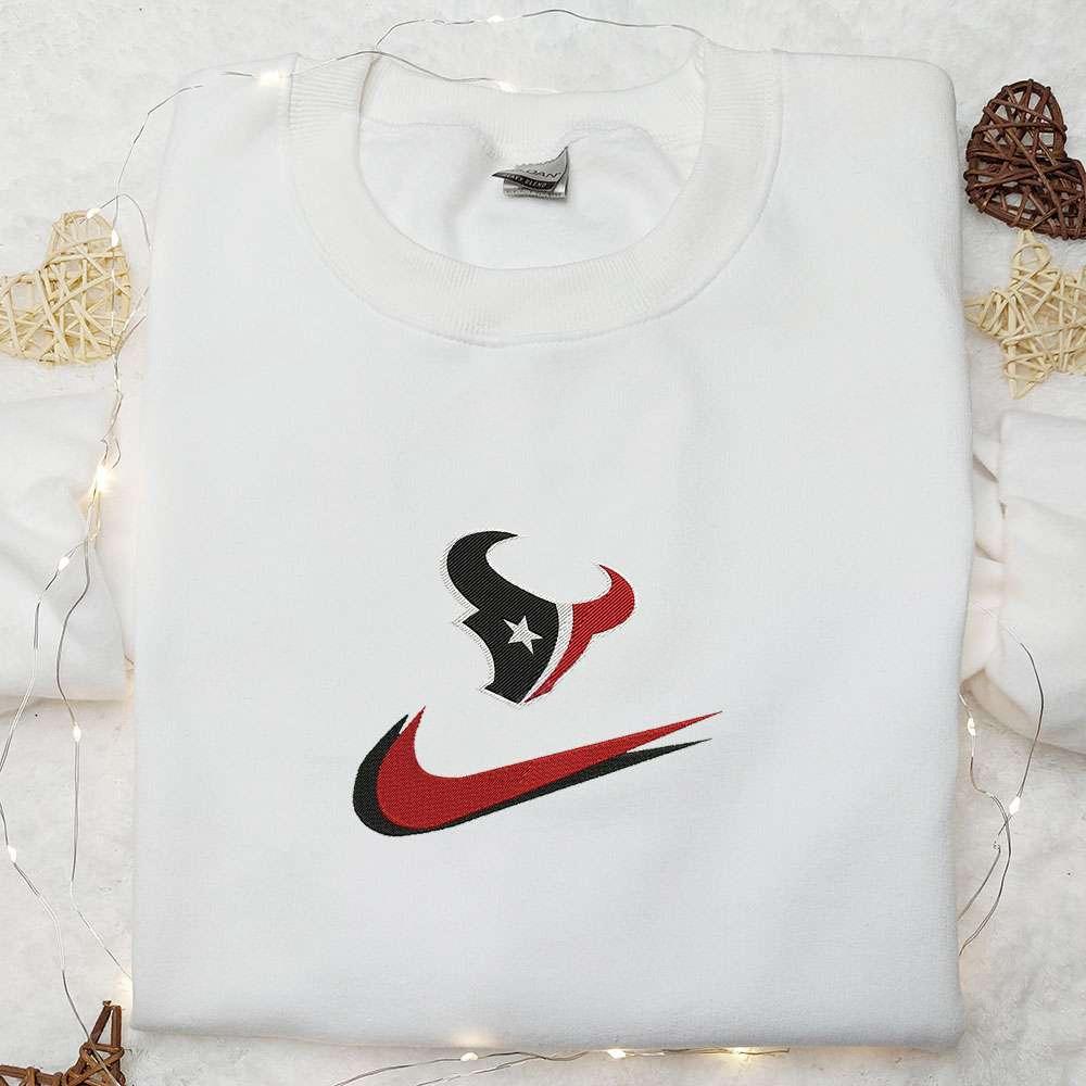 Houston Texans x Nike Swoosh Embroidered Shirt NFL Sports Embroidered Hoodie Nike Inspired Embroidered Shirt