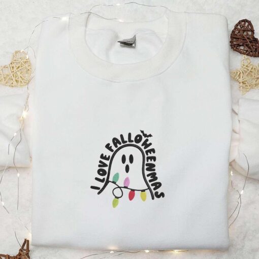 I Love Falloweenmas Ghost Embroidered Shirt Adorable Halloween Embroidered Shirt Cute Halloween Embroidered Shirt
