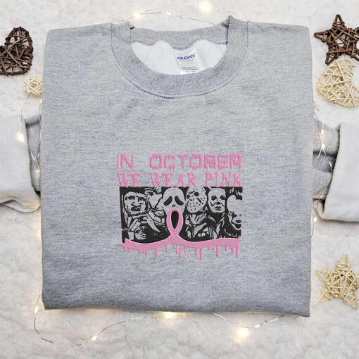 In October Wear Pink Embroidered Sweatshirt Horror Movie Embroidered Shirt Best Halloween Gifts For Family