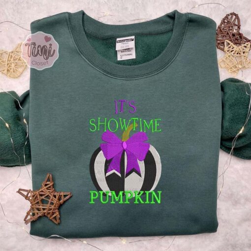 Its Showtime Pumpkin Beetlejuice Coquette Bow Halloween Embroidered Shirt