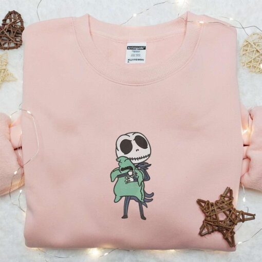 Jack Skellington Hugging Oogie Boogie Embroidered Sweatshirt Cute Halloween Embroidered Hoodie Best Halloween Gift Ideas