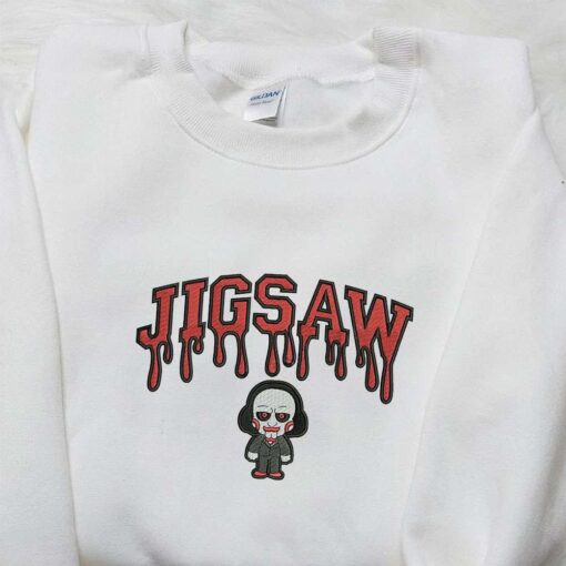 Jigsaw Embroidered Hoodie Horror Characters Embroidered Sweatshirt Spooky Embroidered Shirt
