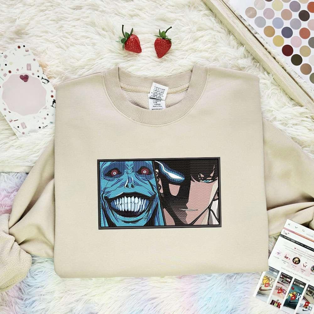 Jin Woo Vs Statue Of God Solo Leveling Anime , Anime Embroidered T-shirt Sweatshirt Hoodie, Inspired Anime Movie, Best Gift for Anime Fans