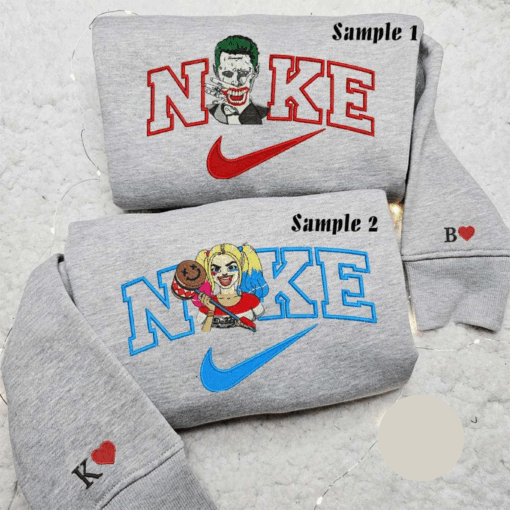 Joker And Harley Quinn x Nike Couple Embroidered Shirt Movie Characters Embroidered Hoodie Valentines Day Embroidered Sweatshirt