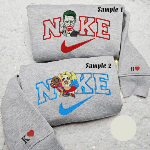 Joker And Harley Quinn X Nike Couple Embroidered Shirt Movie Characters Valentines Day Embroidered Sweatshirt