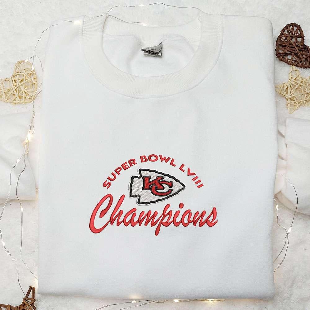 Kansas City Chiefs Super Bowl LVIII Champions Embroidered Shirt NFL Sports Embroidered Hoodie Best Fandom Gift Ideas