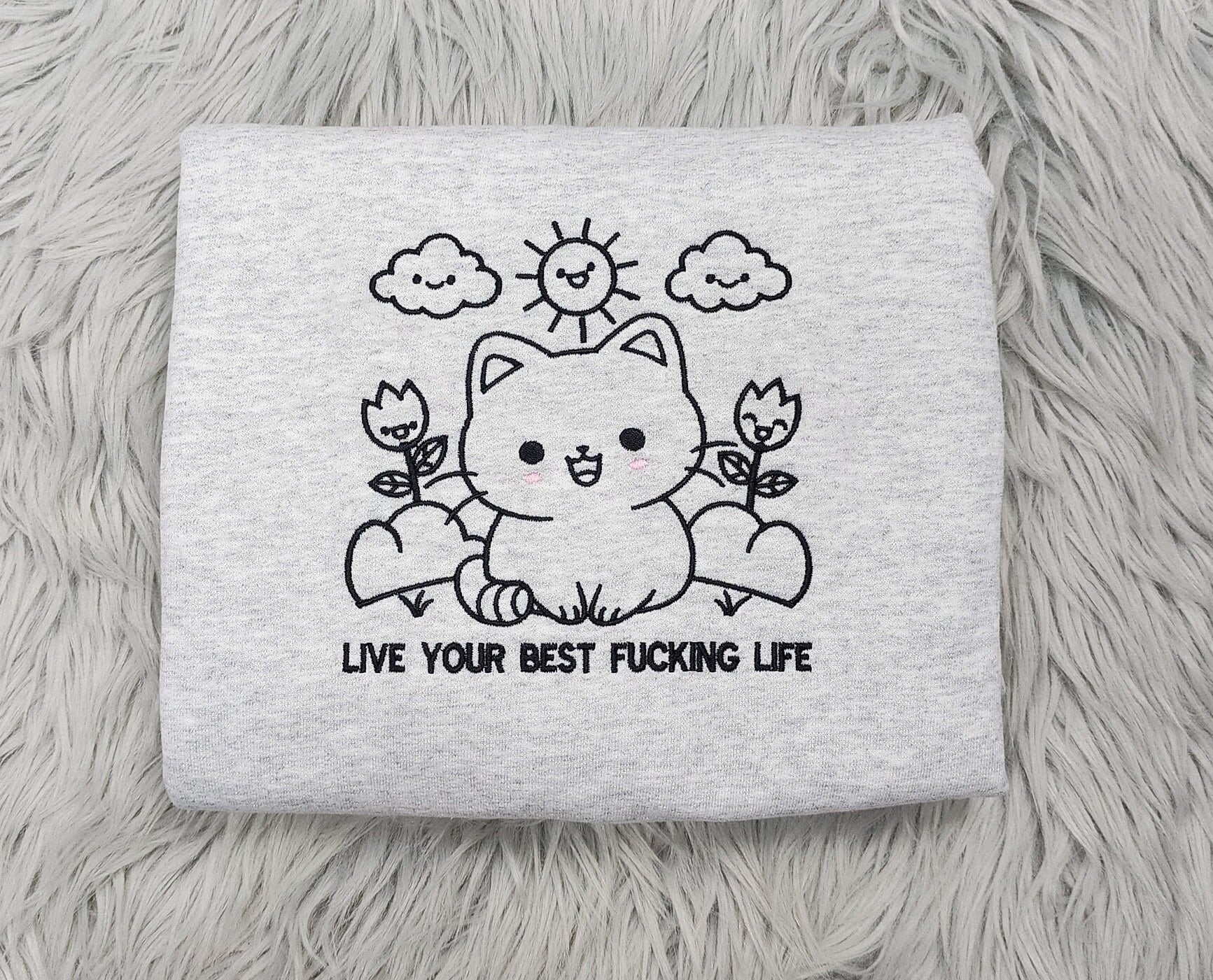 Kawaii Cat Embroidered Crewneck - Live Your Best Life Crewneck - Cute Kitten Sweatshirt - T-Shirt - Sweatshirt - Hoodie
