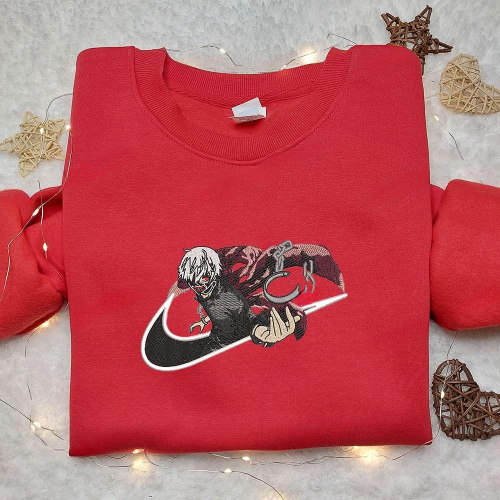 Ken Kaneki X Nike Swoosh Anime , Anime Embroidered T-shirt Sweatshirt Hoodie, Inspired Anime Movie, Best Gift for Anime Fans