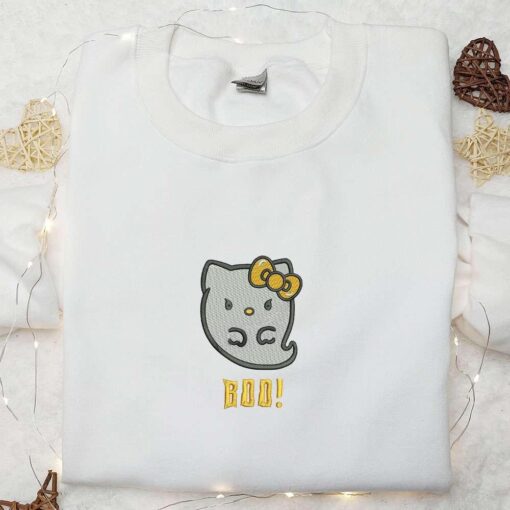Kitty Boo Ghost Embroidered Sweatshirt Adorable Halloween Embroidered Hoodie Spirit Halloween Embroidered T shirt
